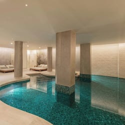Indoor pool, outdoor pool, pool umbrellas, sun loungers