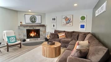 TV, fireplace, books, stereo
