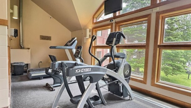 A gym with treadmills and elliptical machines, large windows, and a television mounted on the wall. - BeaverBox AC, Pool, Hot Tub, Sauna, Near Resort (Killington)