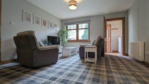 A living room with a sofa, a TV, a small table, and a potted plant.