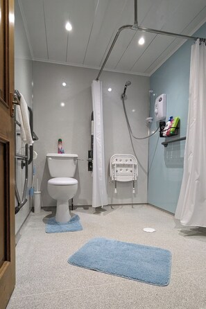 Ein Badezimmer mit Dusche, Toilette und einer rollstuhlgerechten Sitzbank.