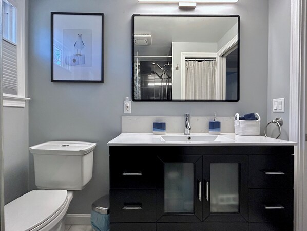 A modern bathroom with a toilet, a sink with a mirror above it, and a black cabinet with drawers.