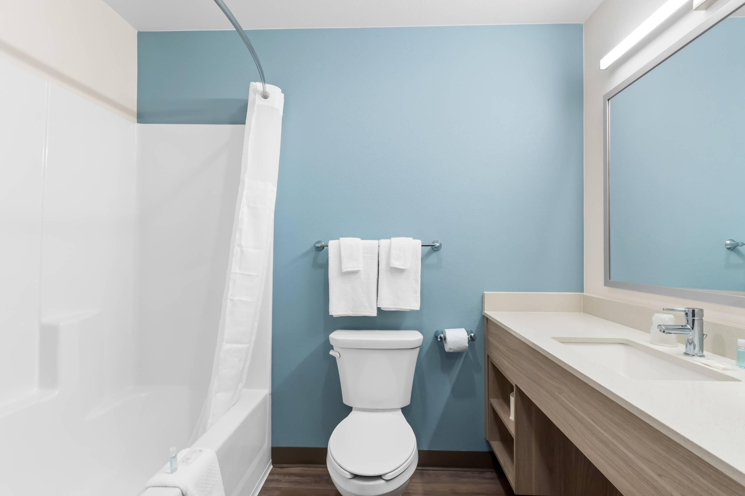 A bathroom with a white toilet, a bathtub, a sink, and a mirror.