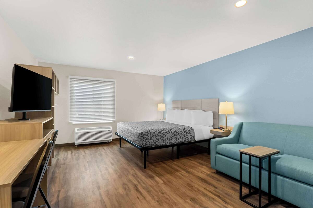 Habitación de hotel con cama, televisión, escritorio, sofá y lámpara.