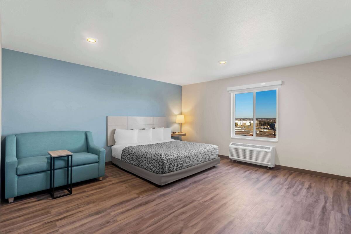 Un dormitorio con cama, sofá, mesita de noche, ventana con vistas y radiador.