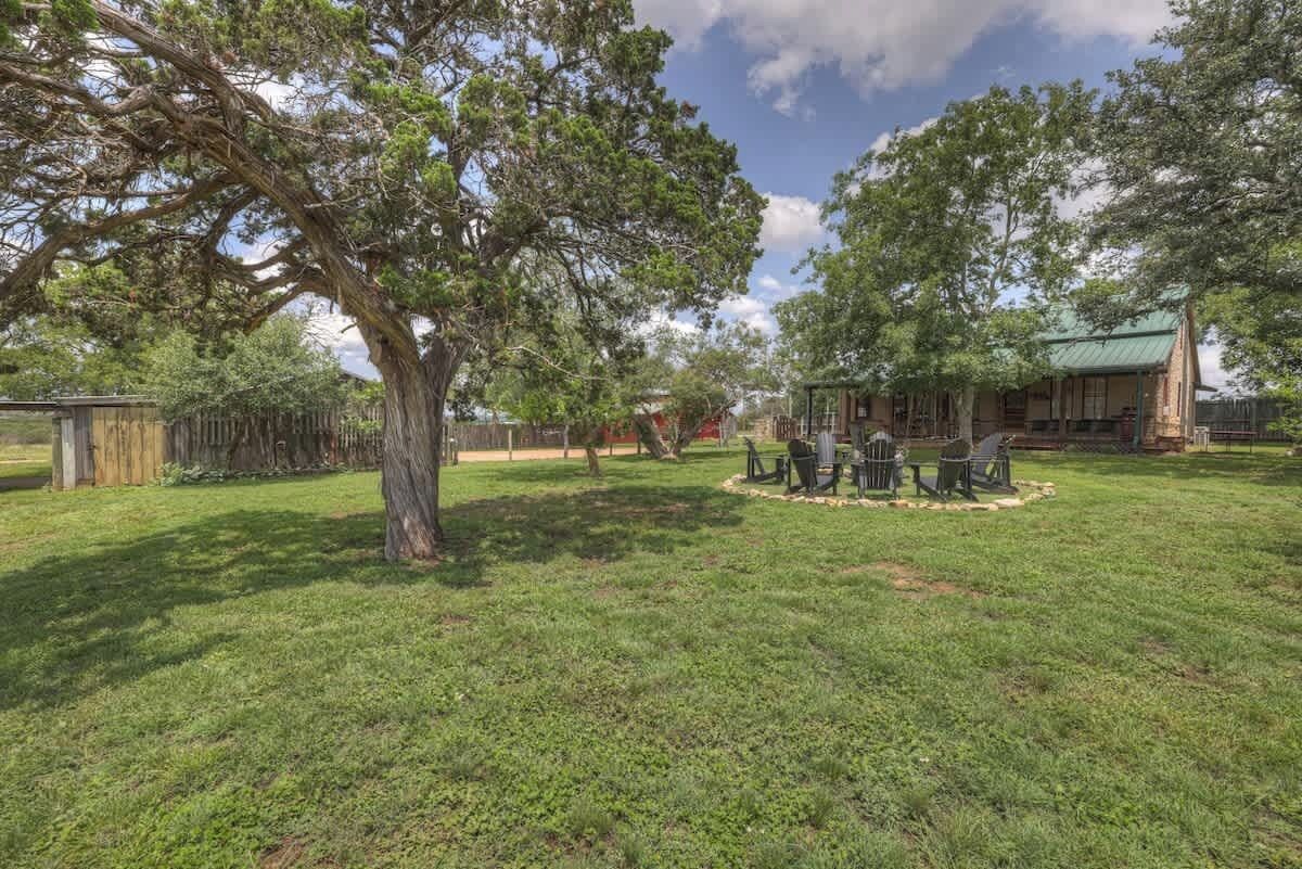 A backyard with a lawn, a tree, a barbecue area, and a small building.