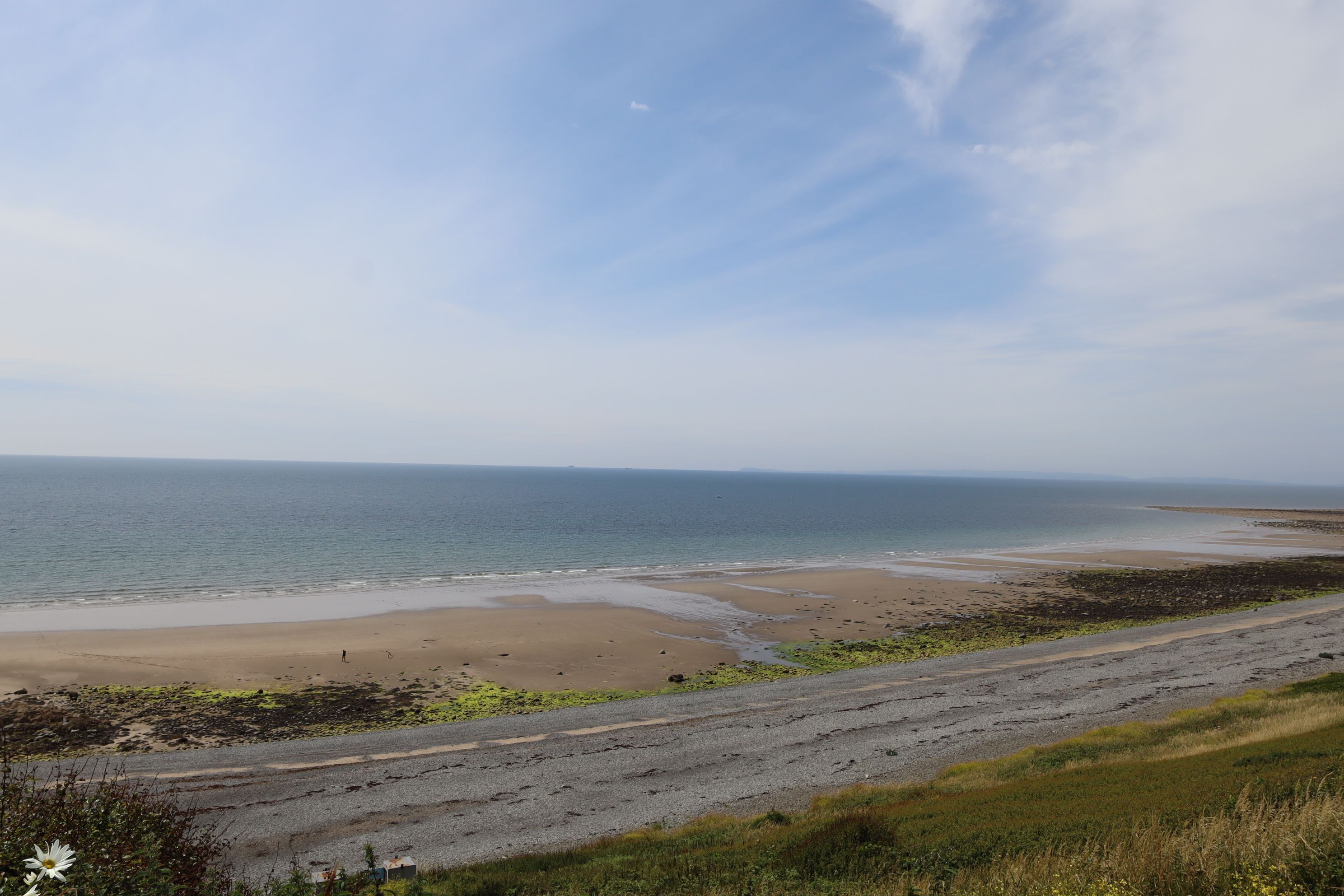 Un paysage côtier avec une plage de sable, un premier plan herbeux et un ciel dégagé.