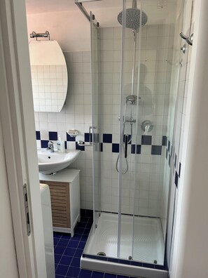 Shower, hair dryer, bidet, towels