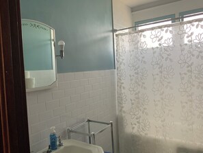 Hair dryer, towels, soap, shampoo