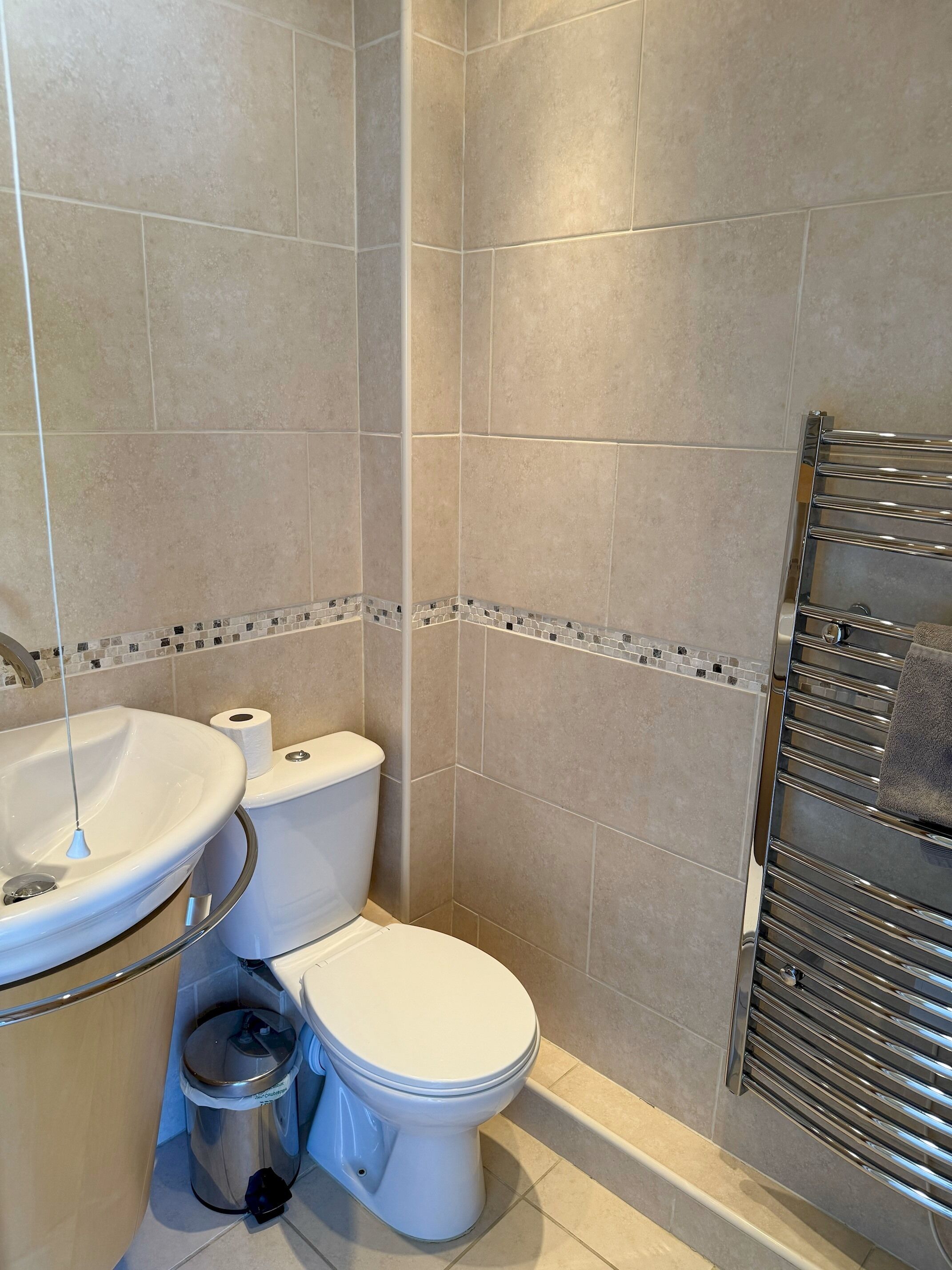 A bathroom with a toilet, sink, and a towel rack.
