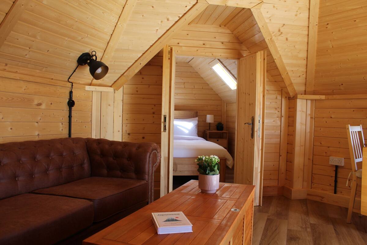 A cozy wooden cabin with a loft bedroom, a plush brown sofa, a wooden table with a book, and a potted plant.