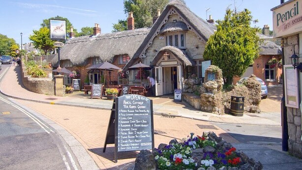 A traditional thatched-roof building with a signboard listing tea room and garden services. - A beautiful, cosy cottage in a peaceful setting with 15% off ferry (Shanklin)