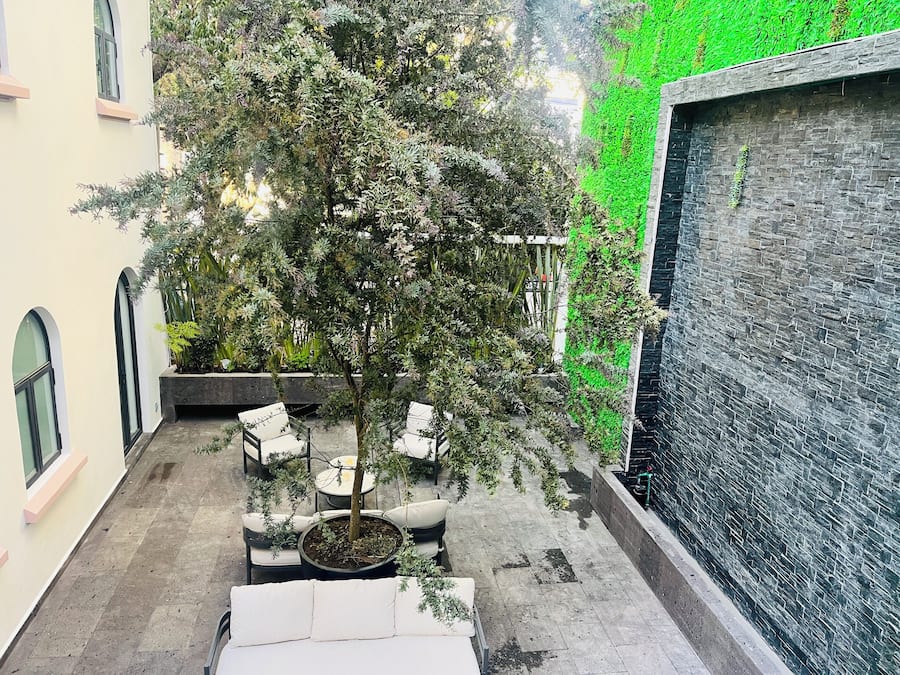Ein Innenhof mit Baum, Sitzgelegenheiten im Freien und einer grünen Wand.