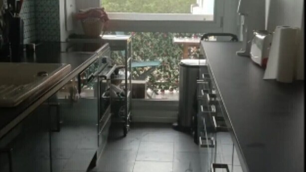 A narrow kitchen with a view of greenery outside, a window with a striped blind, and a tiled floor.