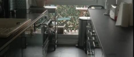 Coffee/tea maker, fridge, microwave, oven