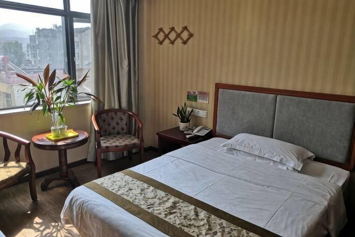 A hotel room with a bed, a chair, a small table with a plant, a nightstand with a phone, and a window with a city view.