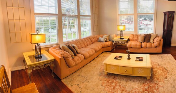 Smart TV, fireplace, books, offices