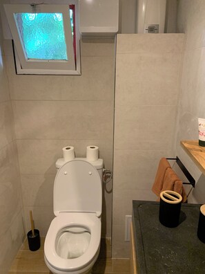 Serviettes fournies, savon, shampoing, papier toilette