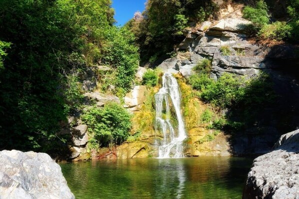 Une cascade se jetant dans un bassin d’eau claire, entouré de falaises rocheuses et d’une végétation luxuriante.