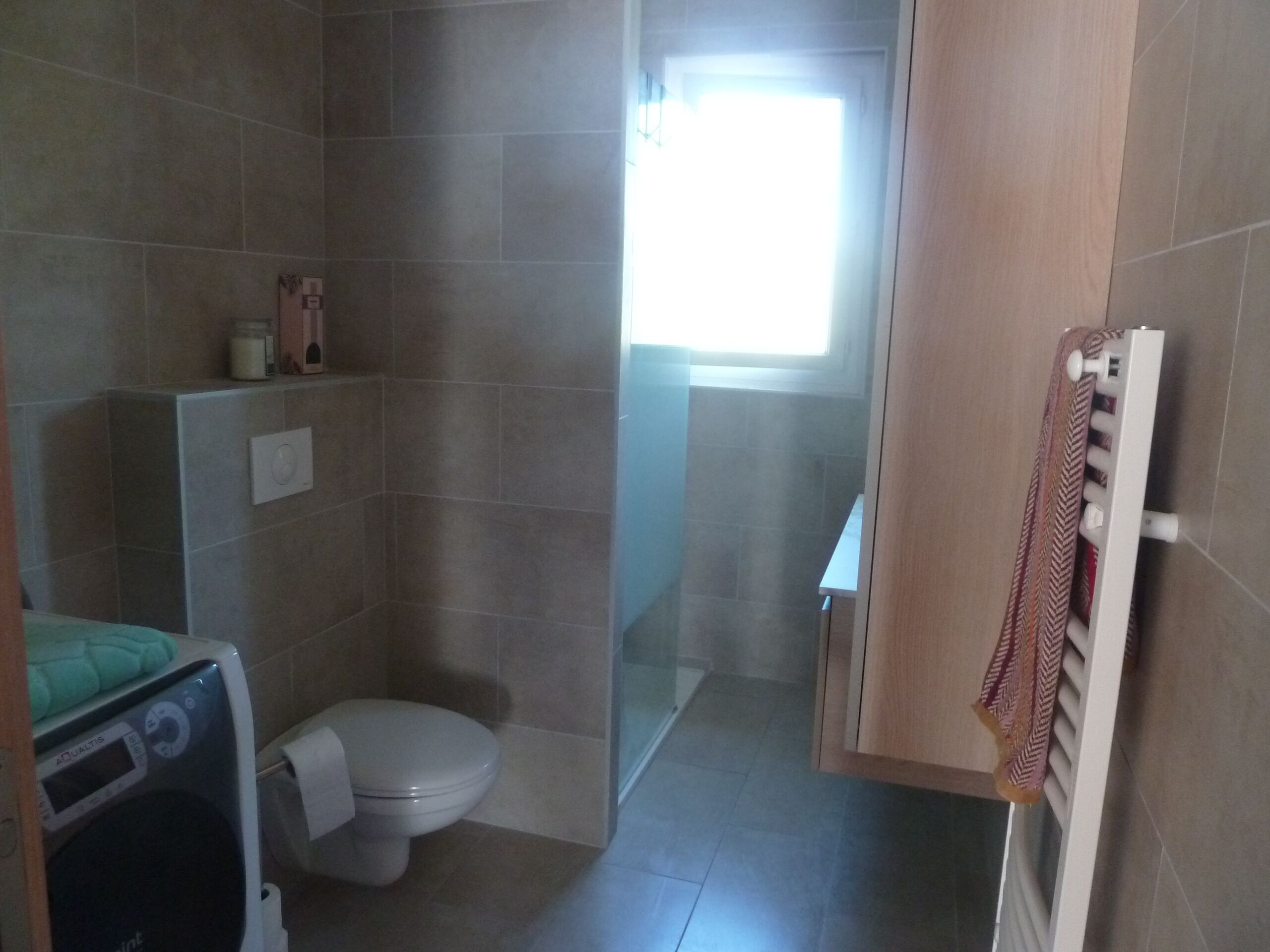 A bathroom with a toilet, a shower, and a washing machine.