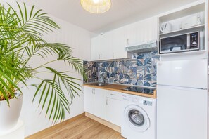 Une cuisine de taille réduite avec des meubles blancs, un lave-linge, un four à micro-ondes et une plante en pot.