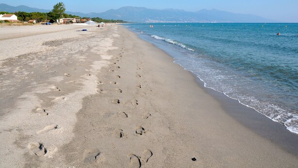 Una extensa playa arenosa con huellas que conducen al agua, cielo despejado y montañas distantes.