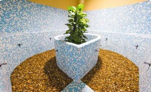 Geometric patterns adorn the floor and walls of this uniquely designed room, featuring a central planter and a touch of greenery.