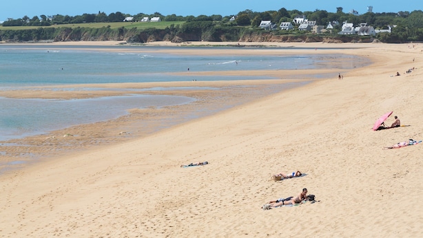 A wide sandy beach with a calm sea, a few people sunbathing, and houses in the background.