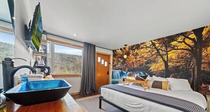 Waterfall Retreat | Serene Room with Forest Mural at Green Acres Retreat