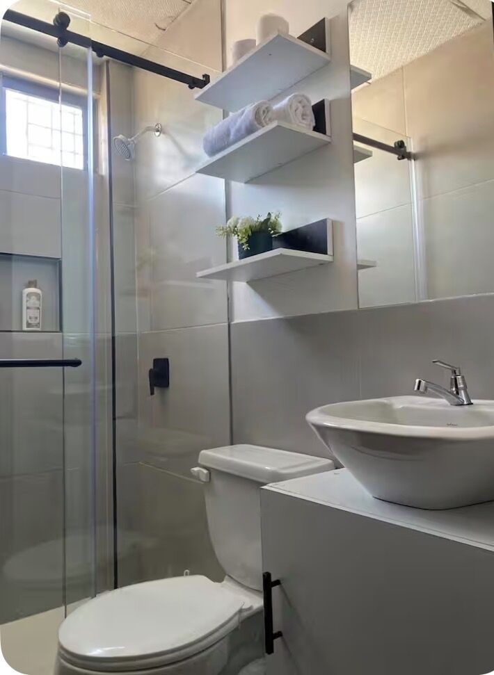 Hair dryer, towels, soap, shampoo