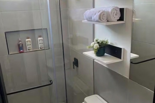 Hair dryer, towels, soap, shampoo