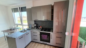 Fridge, microwave, oven, stovetop - 2023 ChrysFlatty4 City View Condo Ared - AFI ARAD (Arad)