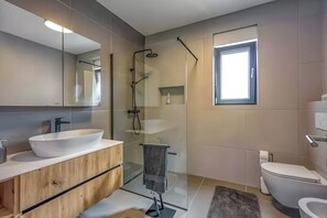 Shower, hair dryer, bidet, towels