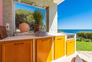 Une cuisine avec vue sur la mer, des meubles en bois et une plante en pot.