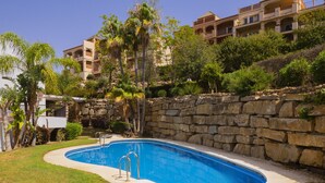 Piscina con muro de piedra y palmeras en una zona ajardinada.