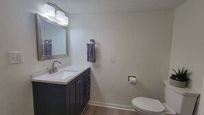 Une salle de bain équipée d’un lavabo, d’un miroir, d’un porte-serviettes, de toilettes et d’une petite plante en pot.