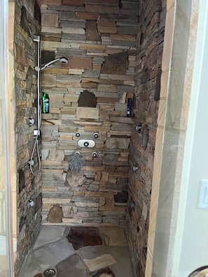 Jetted bath, hair dryer, towels, soap
