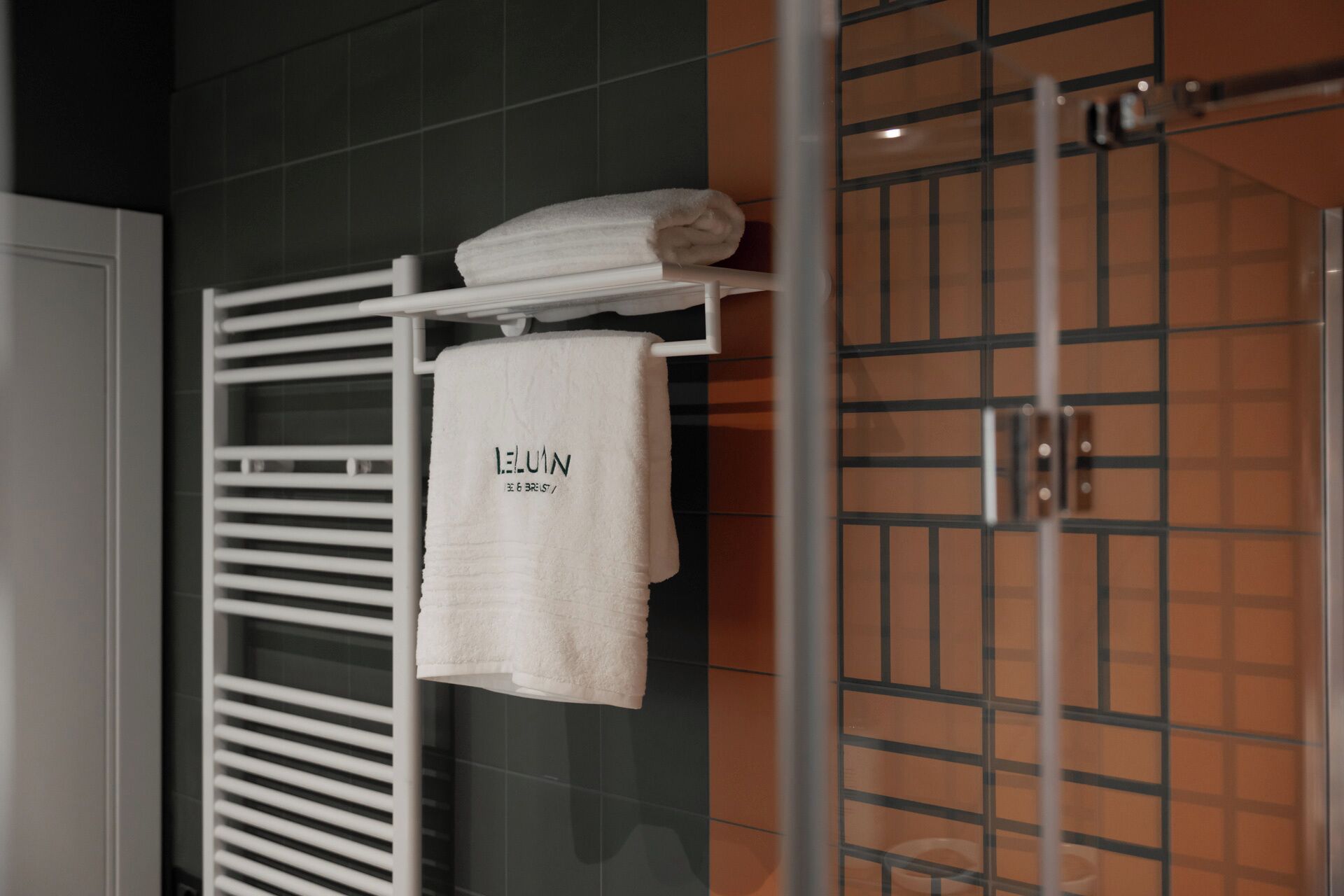 Ein Badezimmer mit einem weißen Handtuch an einem Halter, einer Duschkabine aus Glas und einer gefliesten Wand.