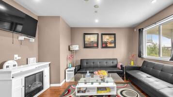 Smart TV, fireplace, books, offices