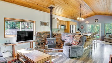 Televisión, chimenea y reproductor de DVD