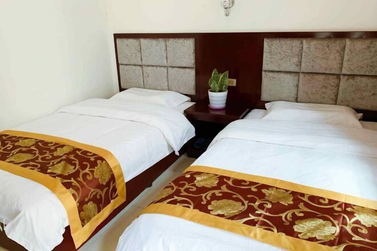 A hotel room with two single beds, each with a white bedspread and a red and gold decorative border. There is a small potted plant on a nightstand between the beds.