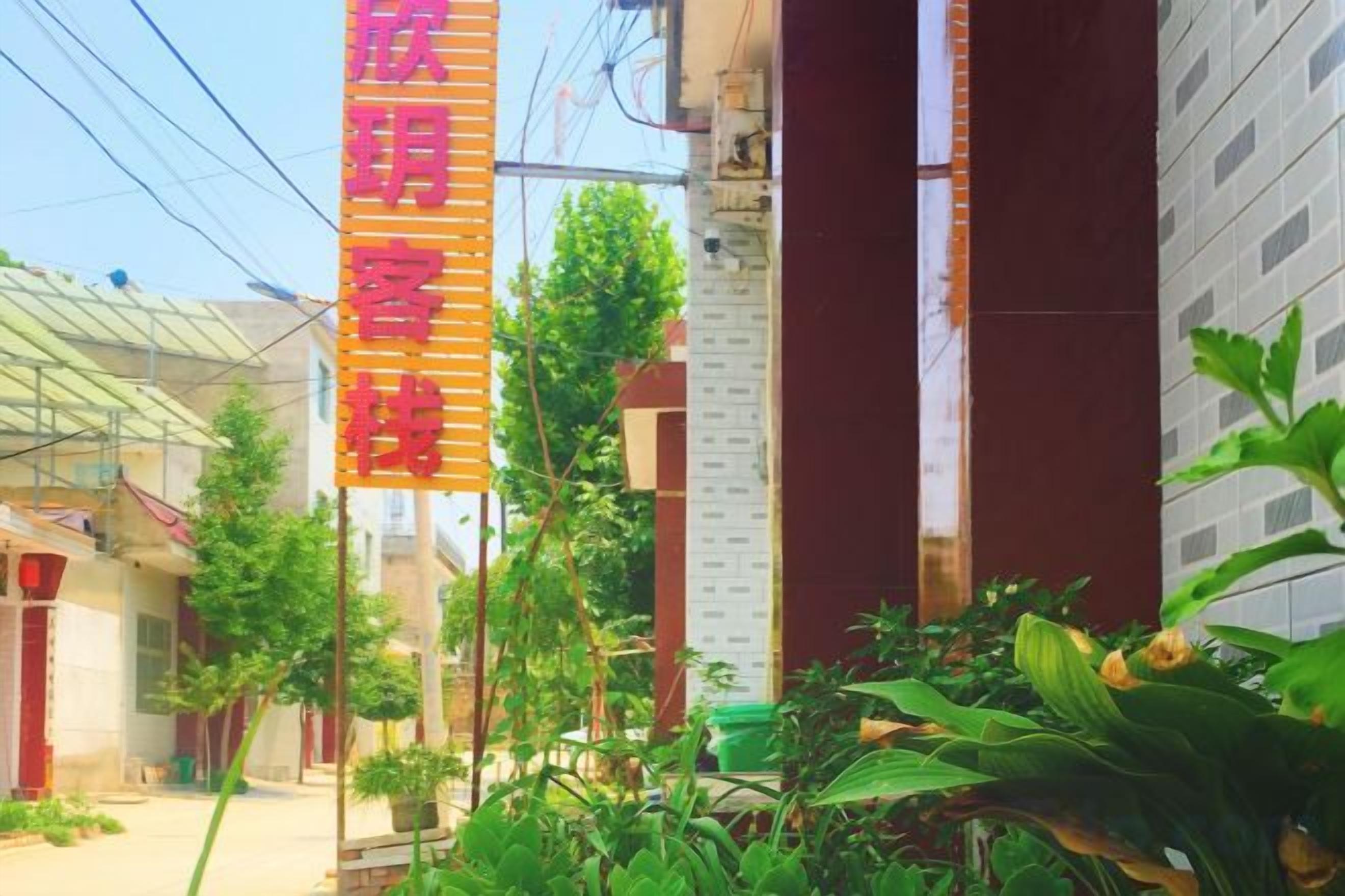 A narrow street with buildings on either side, a vertical sign with text, and some greenery in the foreground.