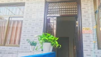 A building entrance with a tiled facade, a potted plant, and a blue table.