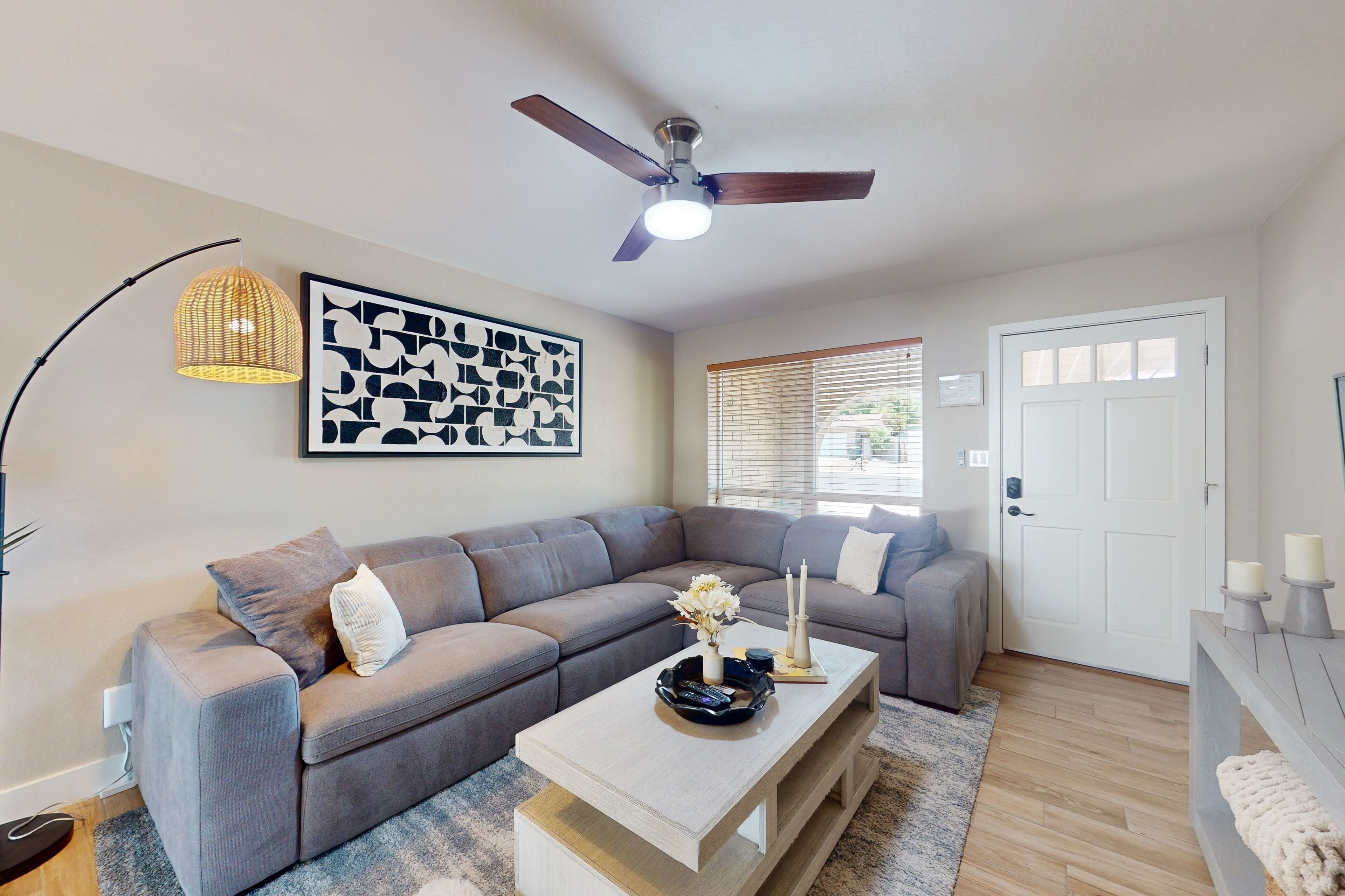 Relax in the spacious living room with a wood-burning fireplace