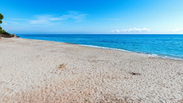 En strand med kristallklart blått vatten och en sandstrand.