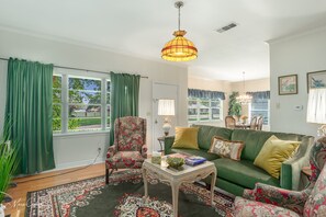 Smart TV, fireplace, books