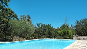 Une piscine d’un bleu éclatant, entourée d’une végétation luxuriante et bordée d’un chemin en pierre à motifs géométriques.