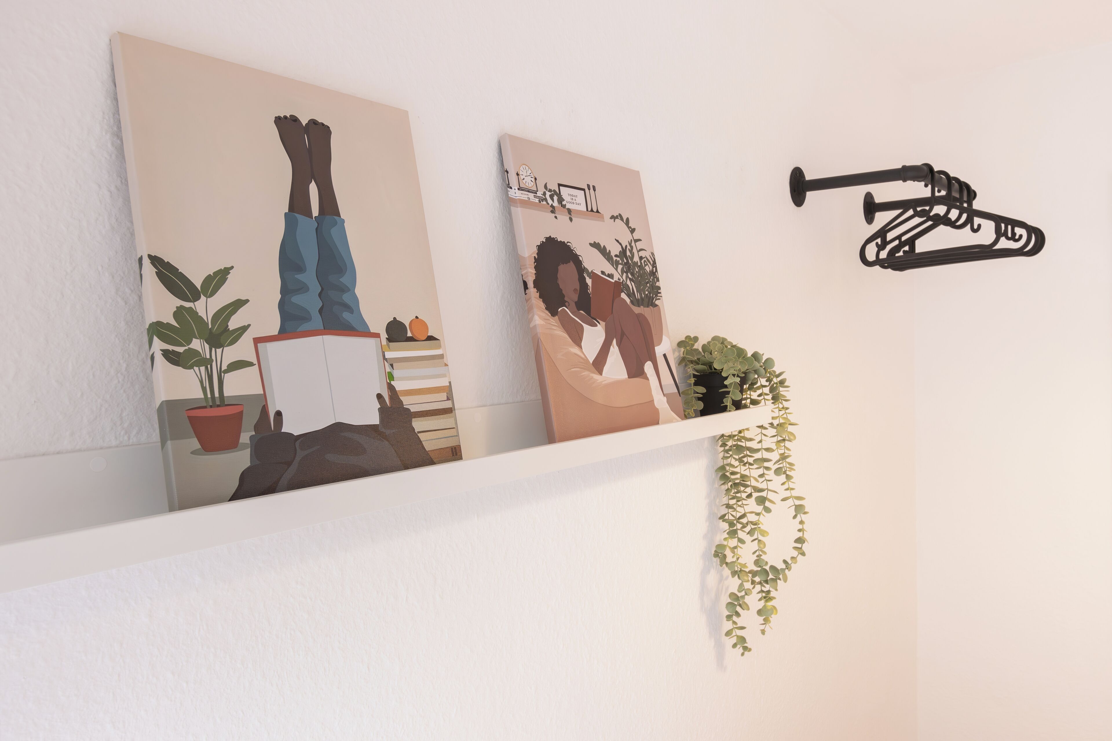 A wall with two framed artworks, a potted plant, and a hanging plant.