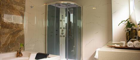 A modern bathroom with a glass-enclosed shower, a bathtub, and a vanity with a mirror.