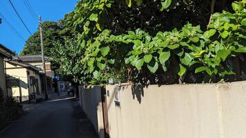 Una calle estrecha con un muro de concreto a un lado y un edificio al otro.